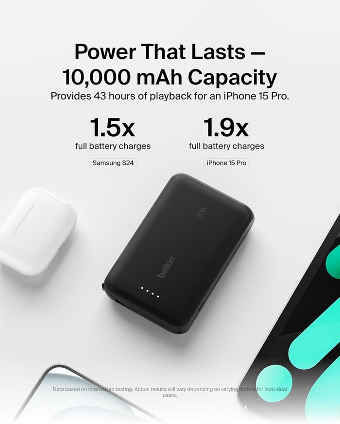Belkin Boost Charge Power Bank 10000Mah, PD 20Watts, USB-C Integrated Cable and USB-C Port, Black