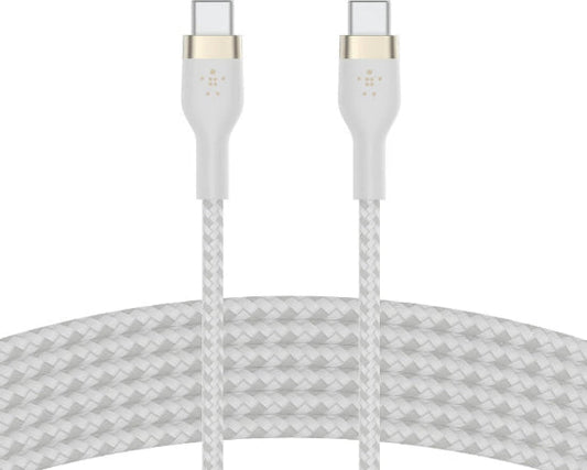 White braided cable with gold connectors on a white background