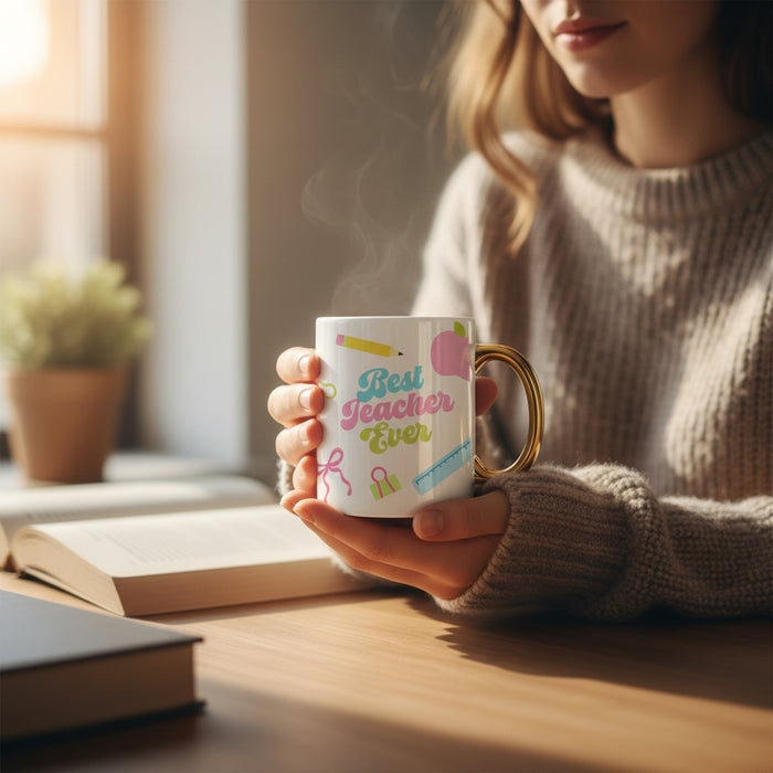 A woman in a cozy sweater enjoys coffee at a wooden table, holding The Darling Effect’s Best Teacher Ever 11 oz Cozy Cute Ceramic Mug with a golden handle. Sunlight streams in as she reads, with a potted plant nearby.