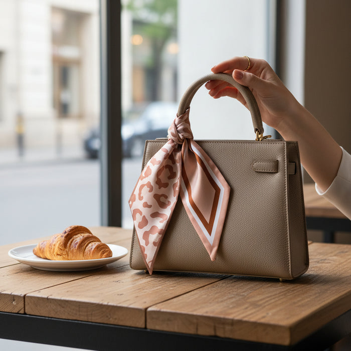A hand holds a beige handbag with The Darling Effect's Born Wild Twirl & Tie Scarf Accessory tied to the handle, resting on a wooden table beside two croissants by a window.