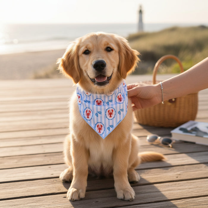 A golden retriever puppy wears The Darling Effect's Bow-Wow Pet Bandana-Harbor House—a cute dog accessory—while sitting on a beach boardwalk with a lighthouse, picnic basket, sunglasses, and book in the background.