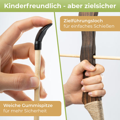 BOWRILLA Holzbogen Set mit 10 Pfeilen, Köcher, 3 Zielscheiben und Aufbewahrungstasche