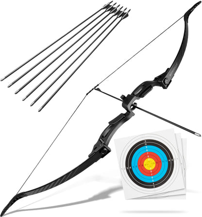 BOWRILLA Recurvebogen Set für Einsteiger ab 8 Jahren, 25 lbs, 6 Carbon-Hybrid Pfeile & 3 Zielscheiben