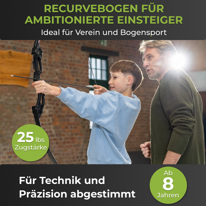 BOWRILLA Recurvebogen Set für Einsteiger ab 8 Jahren, 25 lbs, 6 Carbon-Hybrid Pfeile & 3 Zielscheiben