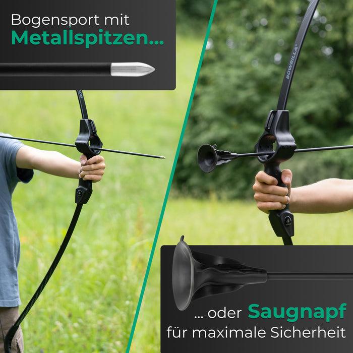 BOWRILLA Sportbogen für Kinder ab 6 mit Zielführung, inkl. 6 Carbon-Hybrid Pfeile und 3 Zielscheiben