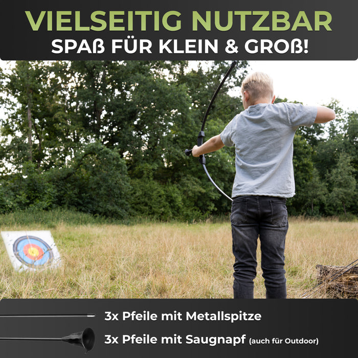 BOWRILLA Sportbogen Set für Kinder mit 6 Carbon-Hybrid Pfeilen und 3 Zielscheiben