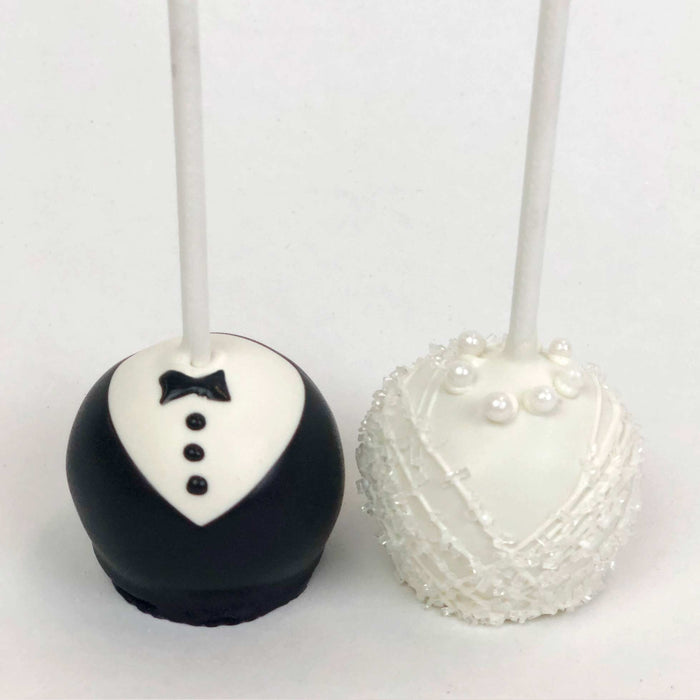Bride's white dress and Groom's black and white tuxedo Cake pops