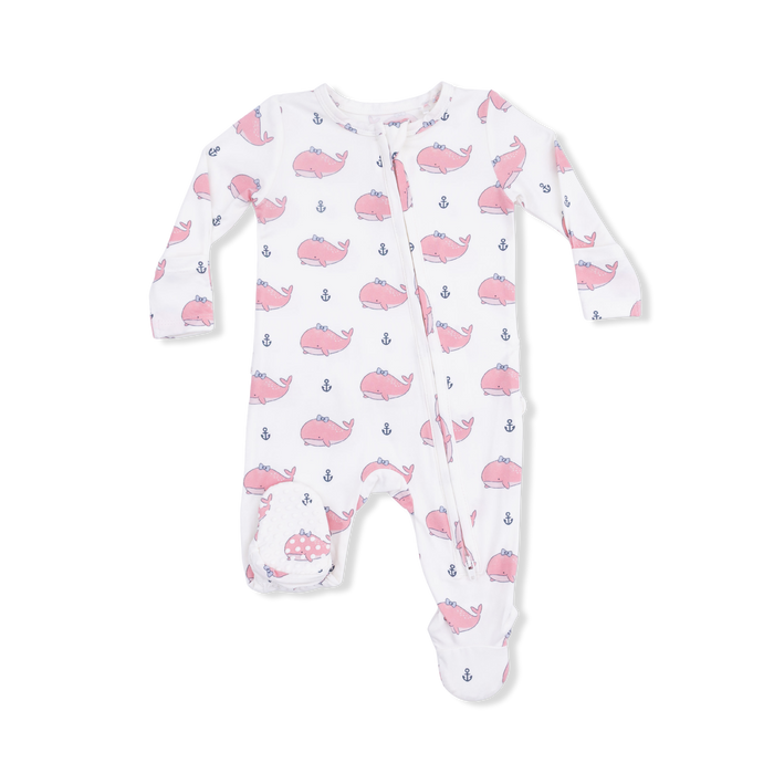 Bubbly Whale with Bow  Pink - 2 Way Ruffle Back Zipper Footie