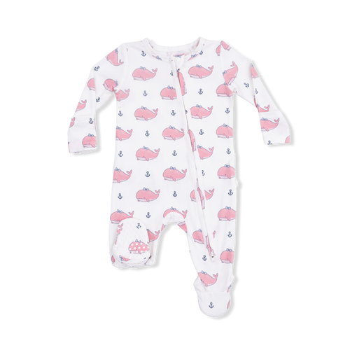 Bubbly Whale with Bow  Pink - 2 Way Ruffle Back Zipper Footie