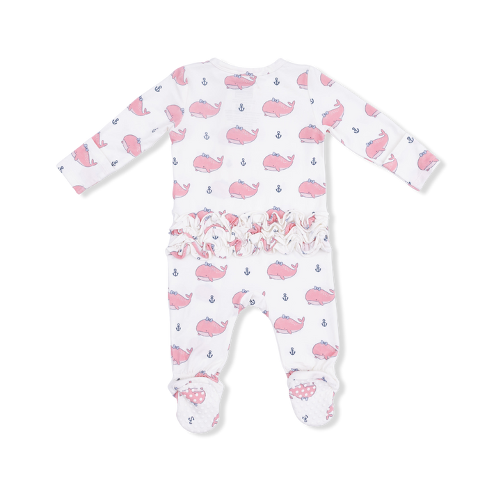 Bubbly Whale with Bow  Pink - 2 Way Ruffle Back Zipper Footie