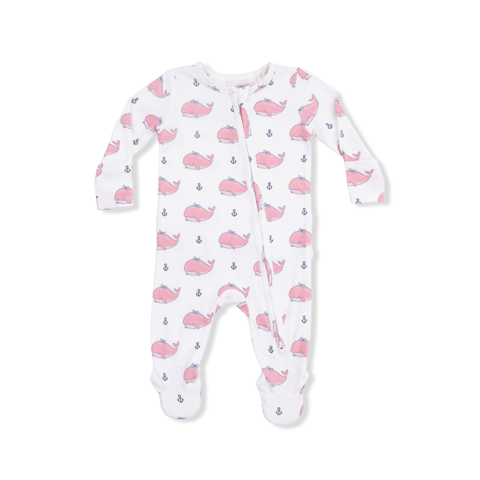 Bubbly Whale with Bow  Pink - 2 Way Ruffle Back Zipper Footie