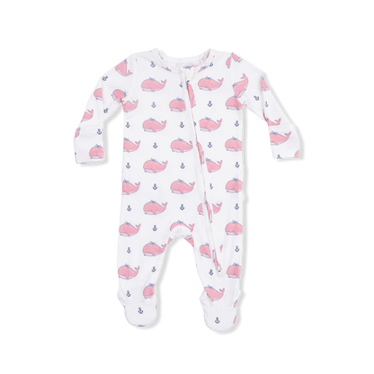 Bubbly Whale with Bow  Pink - 2 Way Ruffle Back Zipper Footie