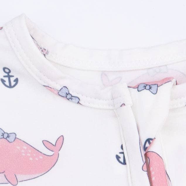 Bubbly Whale with Bow  Pink - 2 Way Ruffle Back Zipper Footie