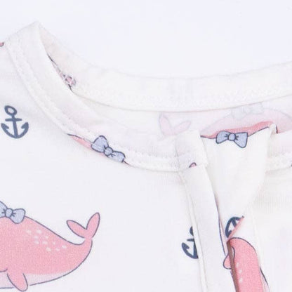 Bubbly Whale with Bow  Pink - 2 Way Ruffle Back Zipper Footie