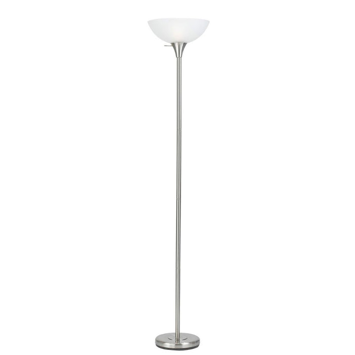 Cal Lighting 3-Way Metal Torchiere Floor Lamp in Brushed Steel with White Frosted Glass Shade main image.