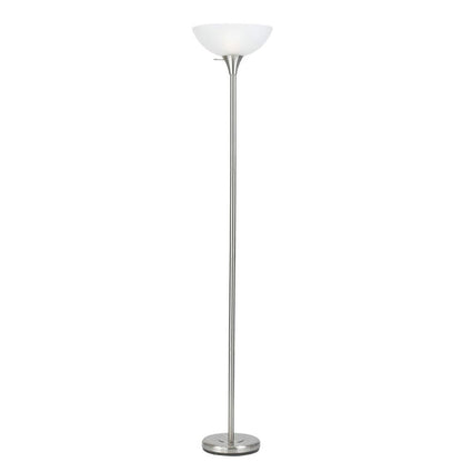 Cal Lighting 3-Way Metal Torchiere Floor Lamp in Brushed Steel with White Frosted Glass Shade main image.