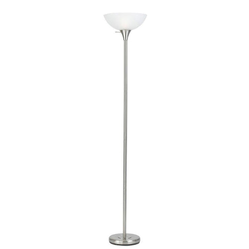 Cal Lighting 3-Way Metal Torchiere Floor Lamp in Brushed Steel with White Frosted Glass Shade main image.