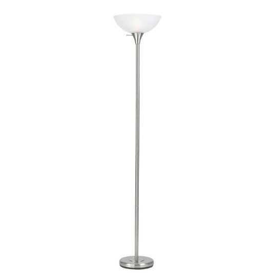 Cal Lighting 3-Way Metal Torchiere Floor Lamp in Brushed Steel with White Frosted Glass Shade main image.