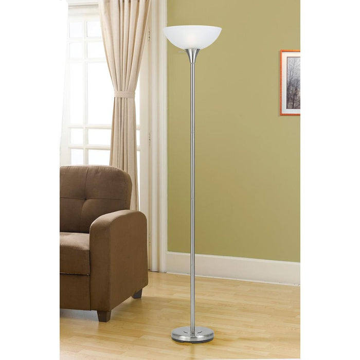 Cal Lighting 3-Way Metal Torchiere Floor Lamp in Brushed Steel with White Frosted Glass Shade