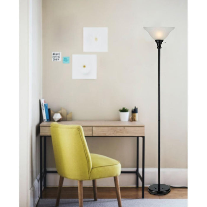 Cal Lighting 3-Way Torchiere Floor Lamp in Black with Frosted Glass Shade