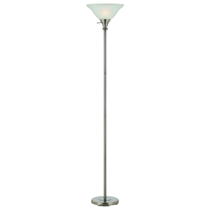 Cal Lighting 3-Way Torchiere Floor Lamp with Frosted Glass Shade in Brushed Steel main image.