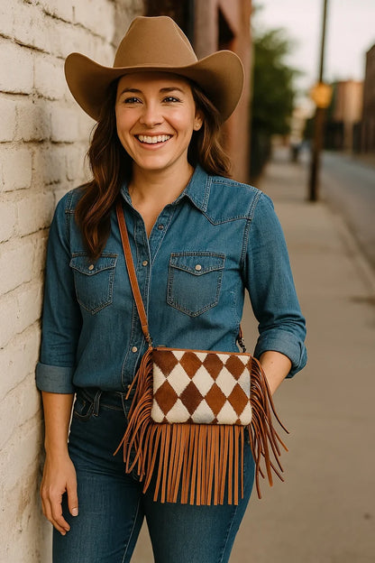 Celeste Hair-On Leather Sling Bag for Women | Western Fringe Crossbody & Clutch