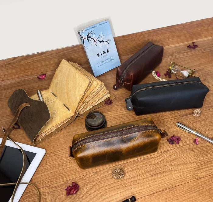 Charlie Leather Pencil Case - Handcrafted Premium Zippered Pen Pouch (Black)
