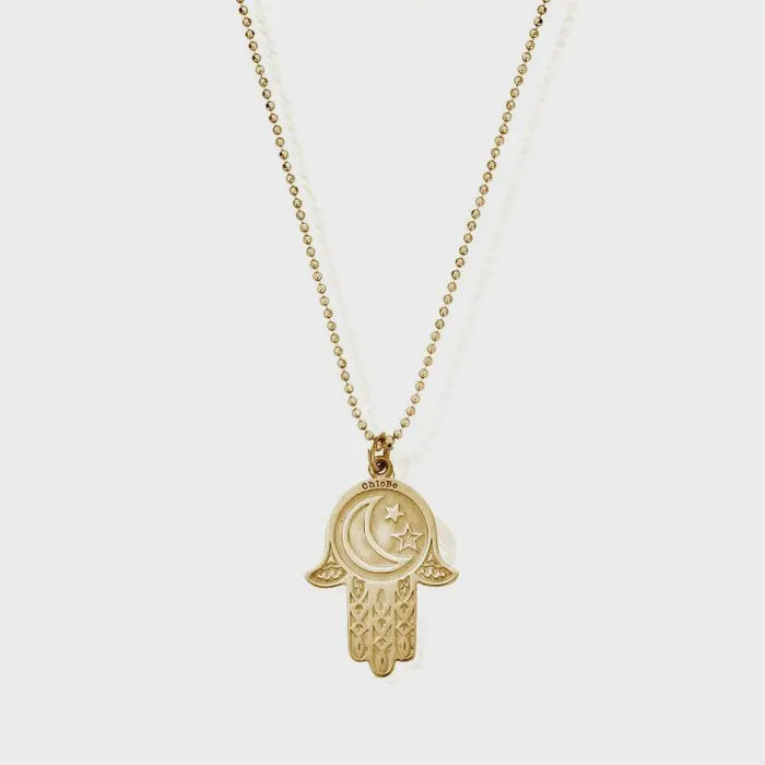 ChloBo Diamond Cut Chain With Moon & Star Hamsa - Gold Hand Pendant