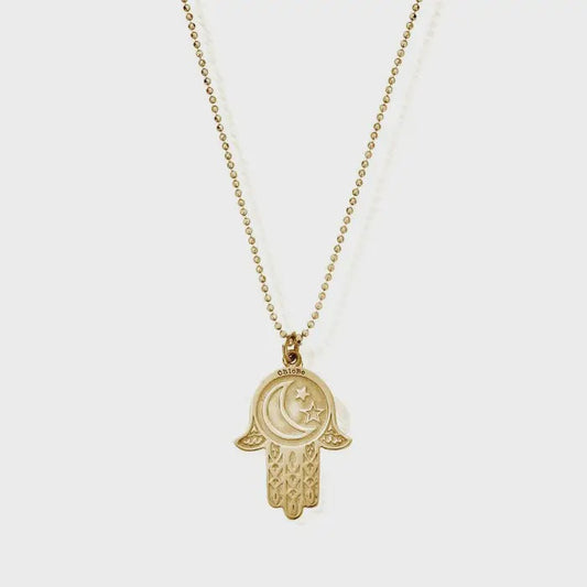 ChloBo Diamond Cut Chain With Moon & Star Hamsa - Gold Hand Pendant