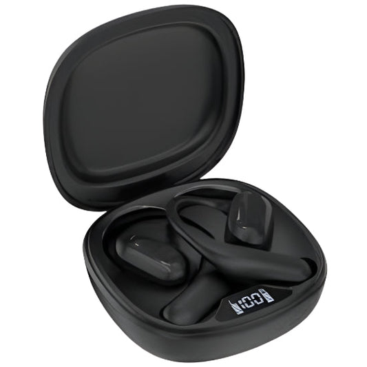 Black wireless earbuds in an open case on a white background