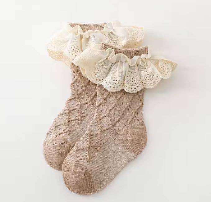 Coffee with Ivory Eyelet Baby Girl Socks