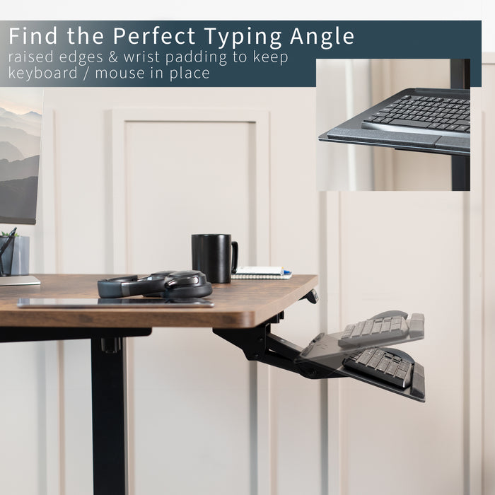 Keyboard tray attached to a desk with text highlighting its features.