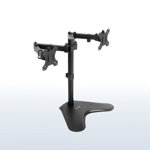 Black dual monitor stand on a white background