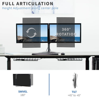 Computer setup with multiple monitors on a desk, featuring swivel, tilt, and rotation capabilities.