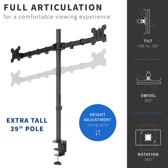 Sturdy dual monitor extra tall desk mount with adjustable height.