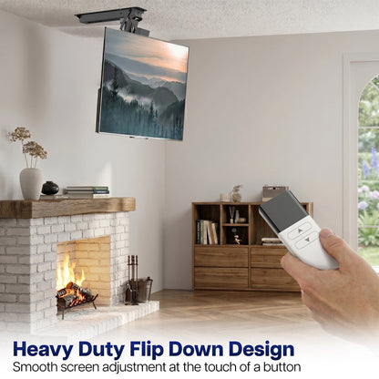 Electric Motorized Flip Down Pitched Roof Ceiling TV Mount with remote control.