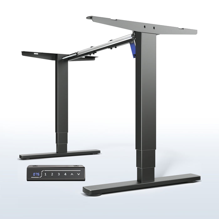 Heavy-duty sit or stand desk frame with adjustable height using touch screen control panel.