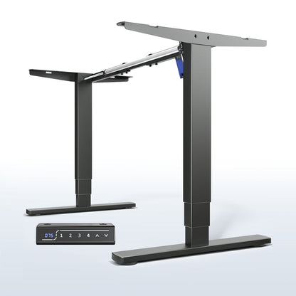 Heavy-duty sit or stand desk frame with adjustable height using touch screen control panel.