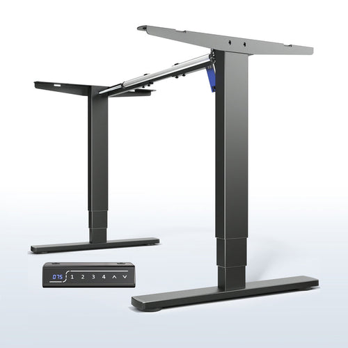 Heavy-duty sit or stand desk frame with adjustable height using touch screen control panel.