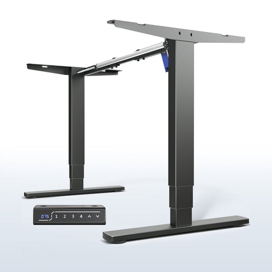 Heavy-duty sit or stand desk frame with adjustable height using touch screen control panel.