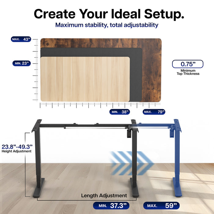 Heavy-duty sit or stand desk frame with adjustable height using touch screen control panel.