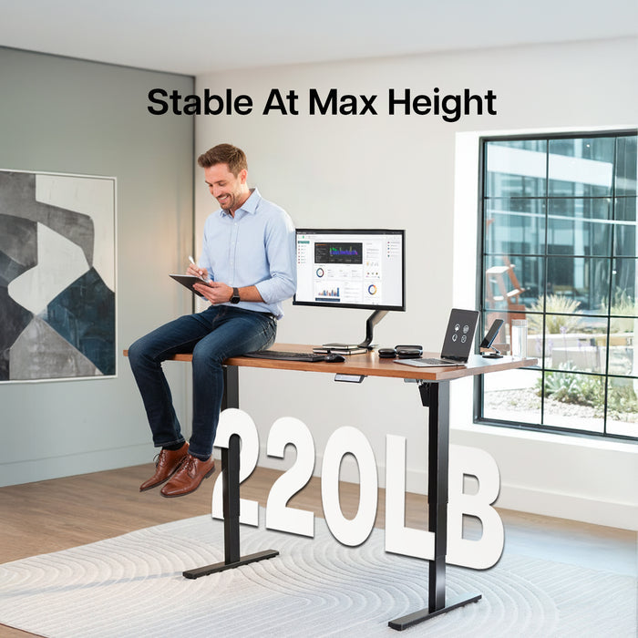 Heavy-duty sit or stand desk frame with adjustable height using touch screen control panel.