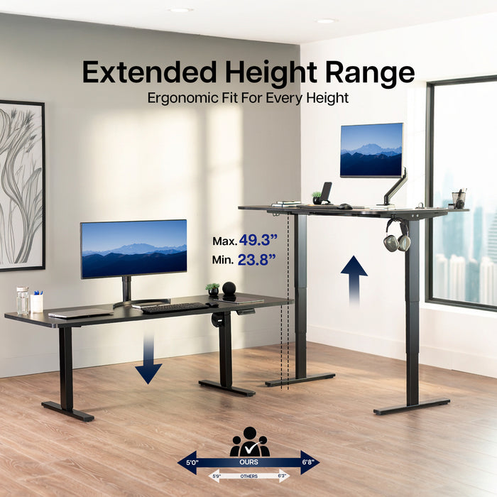 Heavy-duty sit or stand desk frame with adjustable height using touch screen control panel.