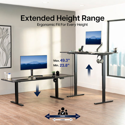 Heavy-duty sit or stand desk frame with adjustable height using touch screen control panel.