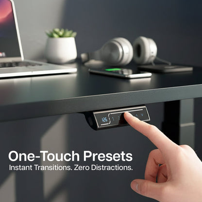 Heavy-duty sit or stand desk frame with adjustable height using touch screen control panel.