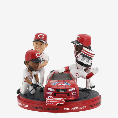 Elly De La Cruz, Hunter Greene, Spencer Steer & Mr. Redlegs Cincinnati Reds 2025 MLB Speedway Classic Pit Crew Mini Scene MLB Baseball Bobblehead