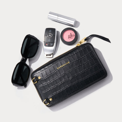 Expanded Zip Pouch - Black Croc/Gold