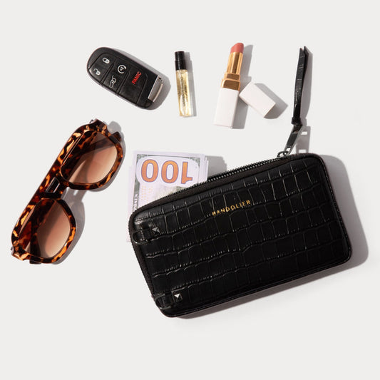 Expanded Zip Pouch - Black Croc/Pewter