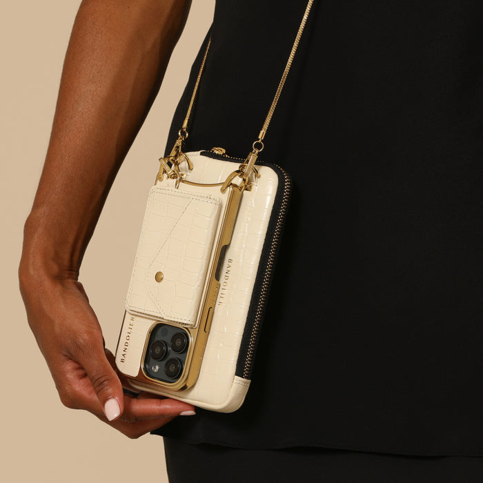 Expanded Zip Pouch - Ivory Croc/Gold