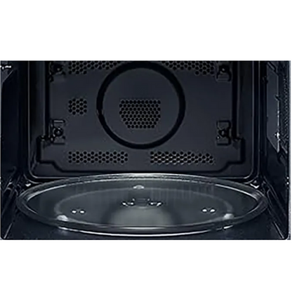 Stainless steel microwave oven on a white background